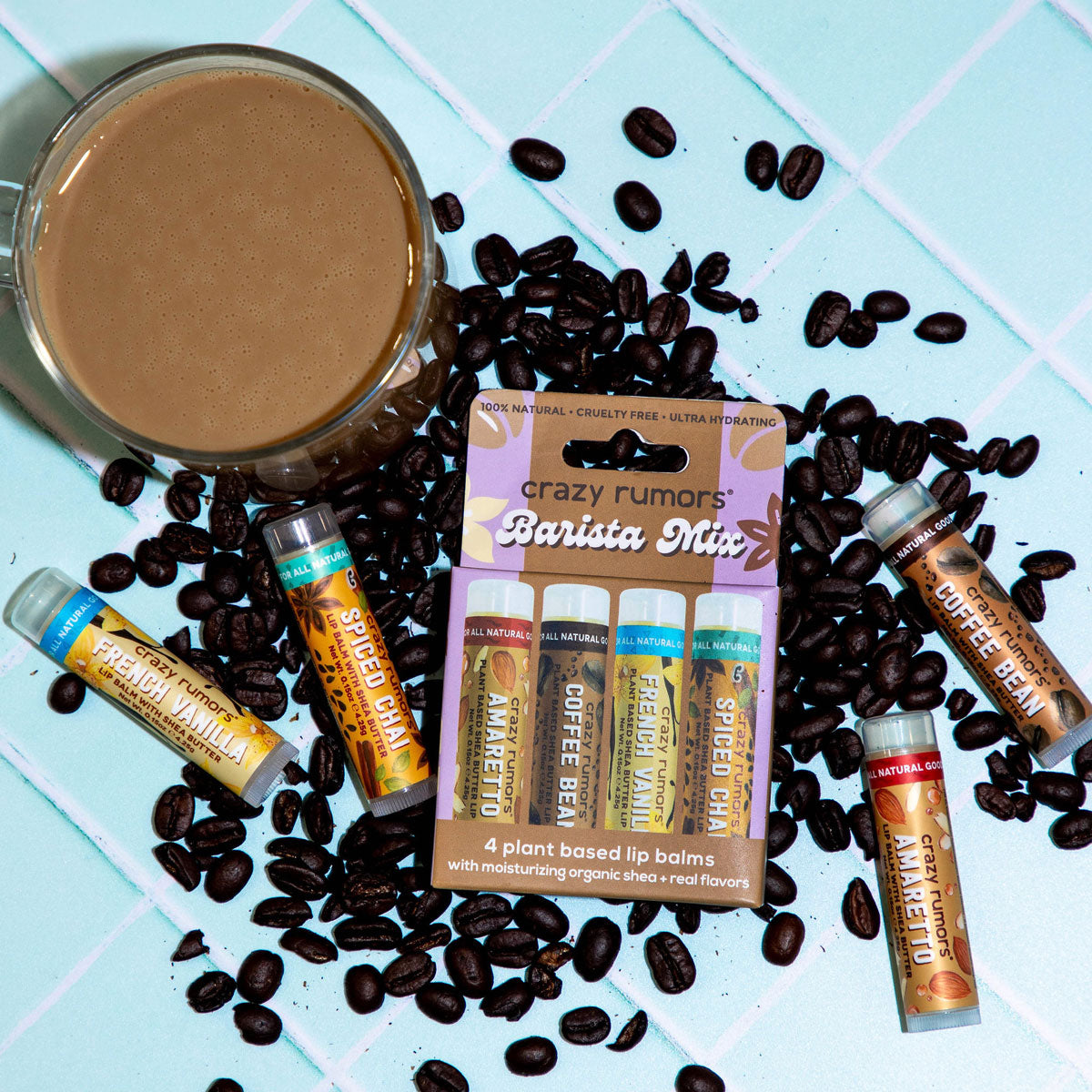 Barista Mix - 4 Pack Gift Box featuring four lip balms: Amaretto, Coffee Bean, French Vanilla, and Spiced Chai, beautifully packaged for gifting.