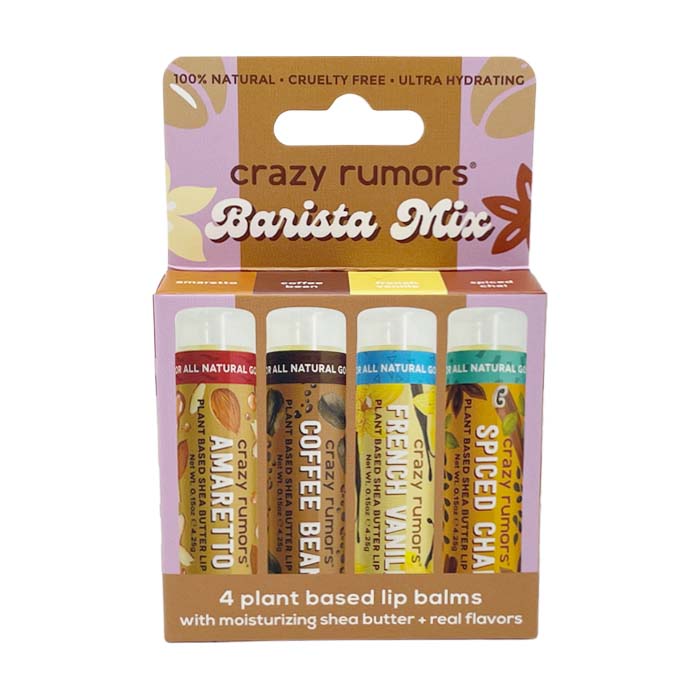 Barista Mix - 4 Pack Gift Box featuring four lip balms: Amaretto, Coffee Bean, French Vanilla, and Spiced Chai, beautifully packaged for gifting.