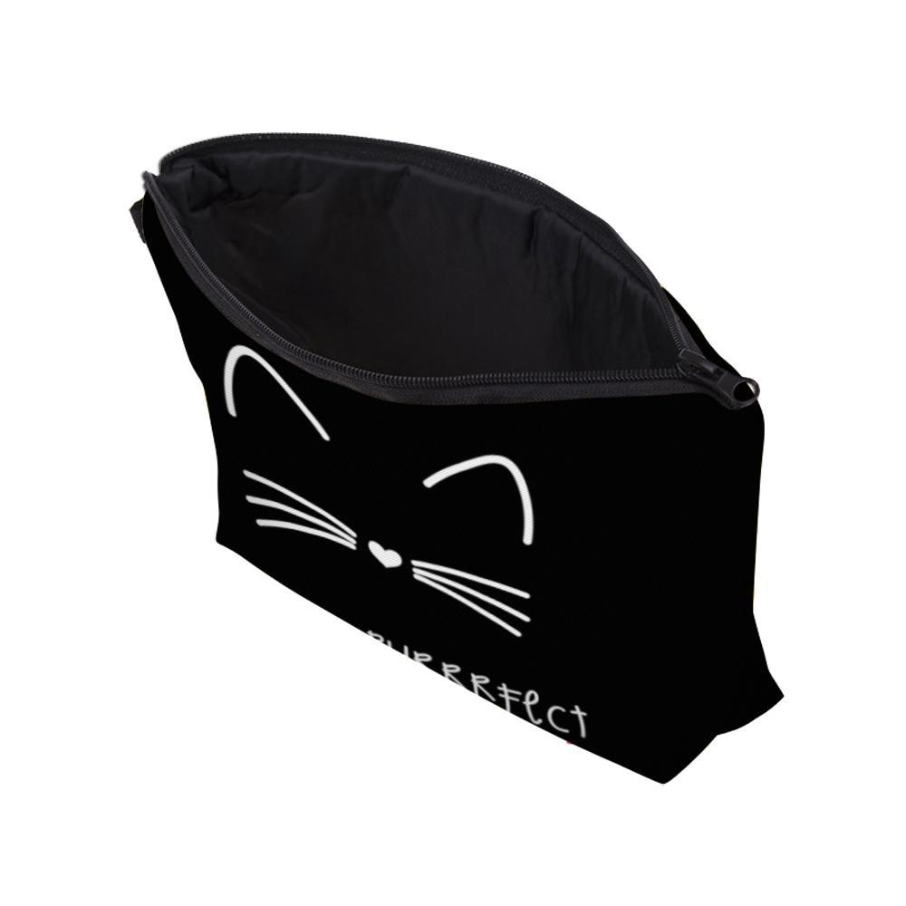 A stylish black cosmetic bag featuring a playful black cat print, perfect for organizing makeup and beauty essentials.