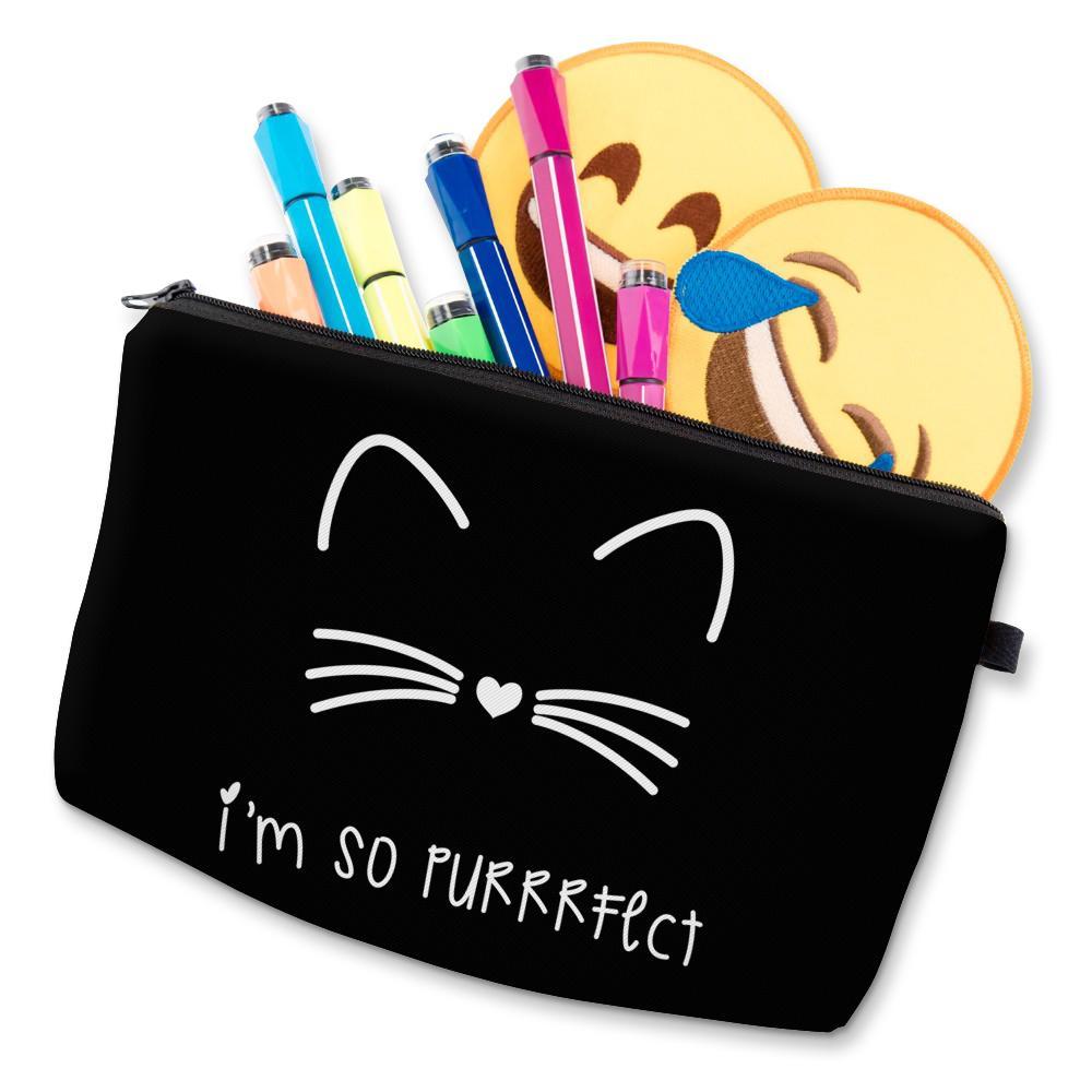 A stylish black cosmetic bag featuring a playful black cat print, perfect for organizing makeup and beauty essentials.