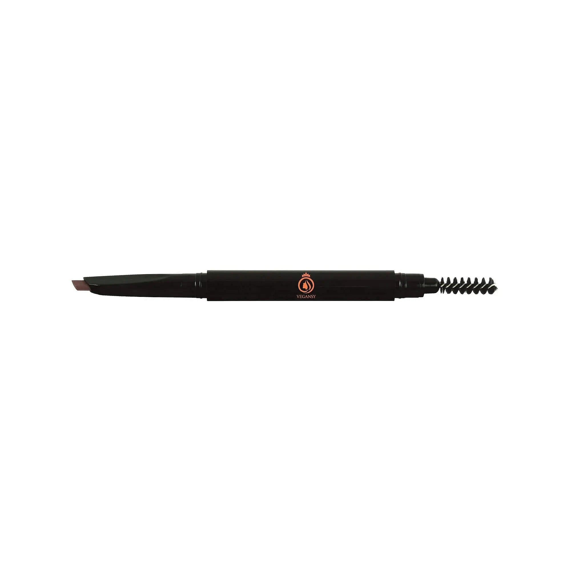 A dual tip eyebrow pencil in brown with an angled tip and spooly brush for precise brow application and blending.
