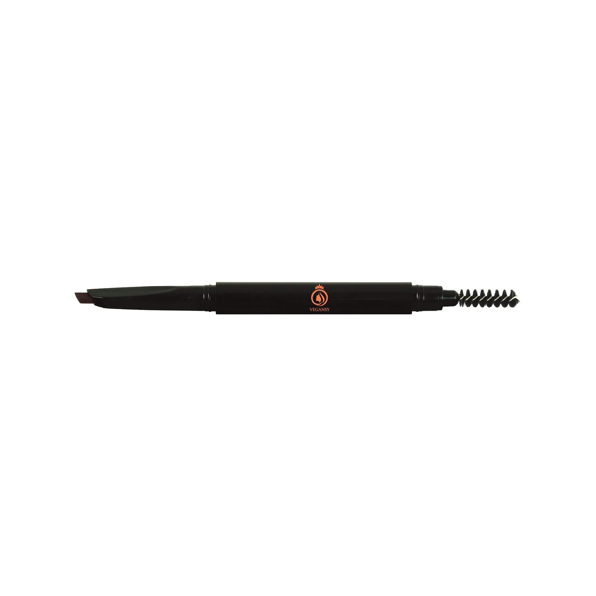 Charcoal eyebrow pencil with dual tips for precise application and blending, featuring an angled tip and spooly brush.