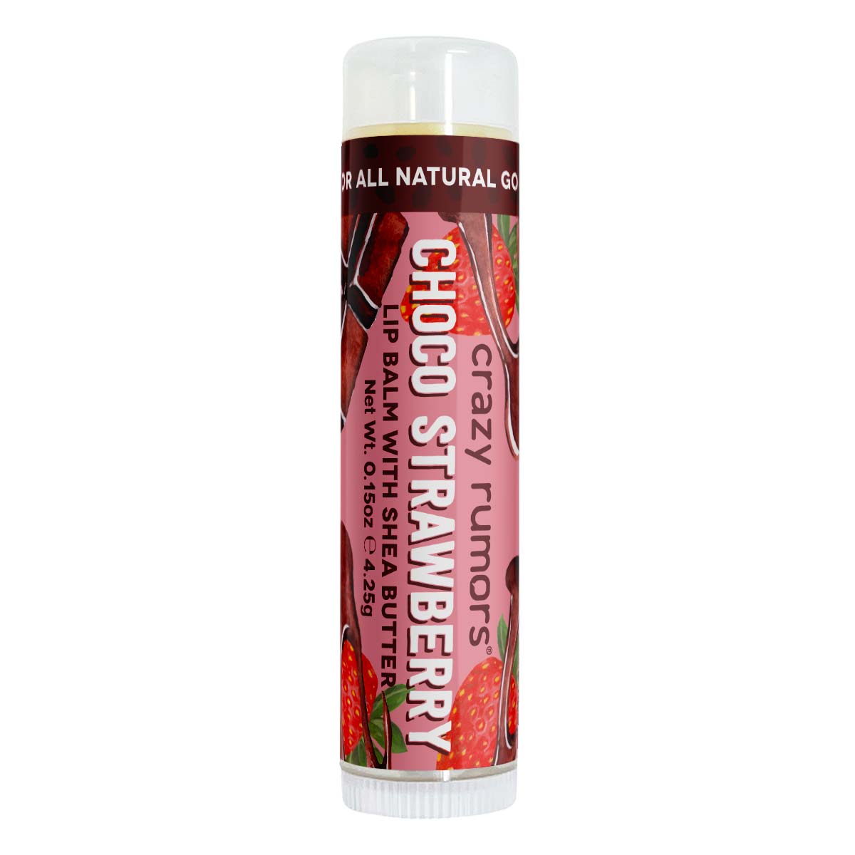 Choco Strawberry product in a 0.15oz tube featuring a rich chocolate and fresh strawberry design, showcasing its natural and vegan ingredients.
