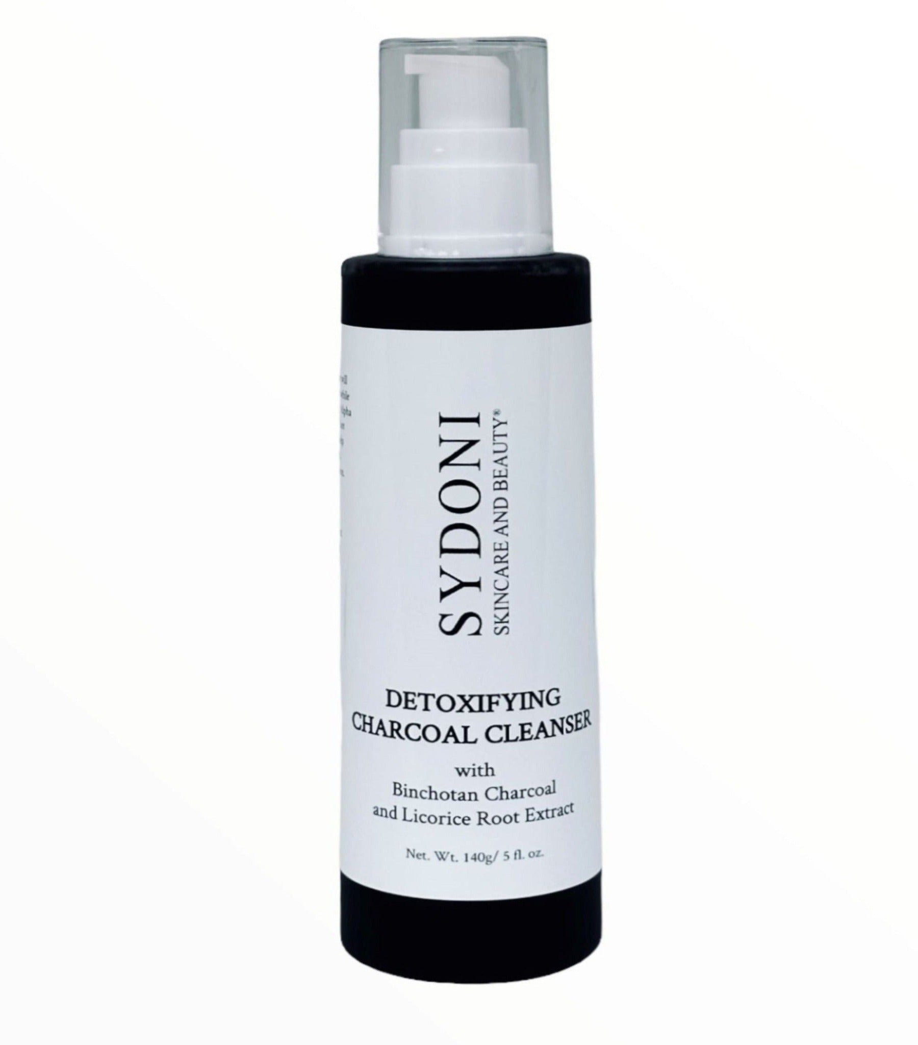 Detoxifying Charcoal Cleanser with Binchotan charcoal and licorice root extract in a sleek bottle, showcasing its natural ingredients.