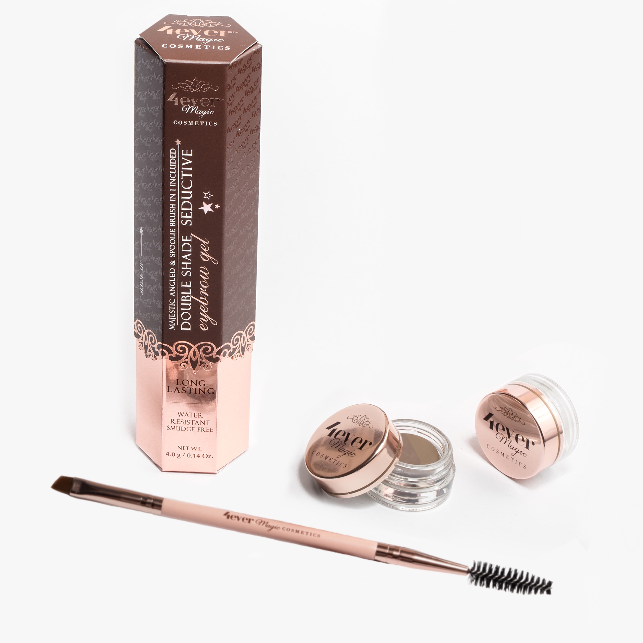 Double Shade Eyebrow Gel in a glass jar with two cream/gel tones and a 2-in-1 angled and spoolie brush, showcasing its unique design and colors.