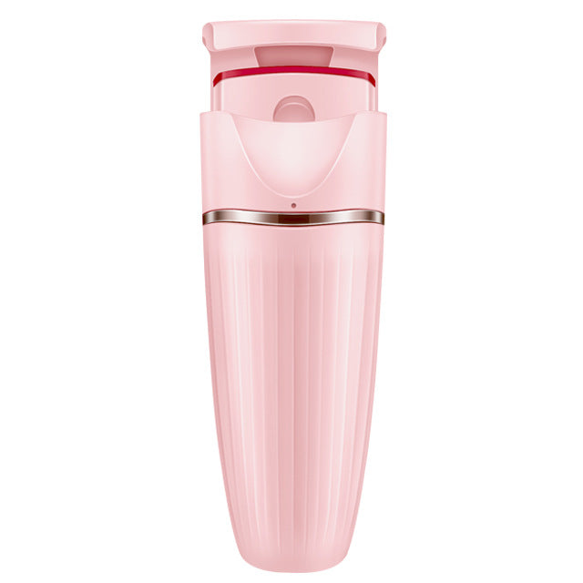 Electric eyelash curler in white, pink, and blue colors, showcasing its sleek design and compact size.