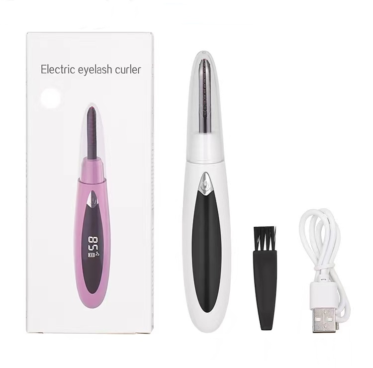 Rechargeable Electric Eyelash Curler in white color, featuring a sleek design and a low groove comb for optimal lash curling.