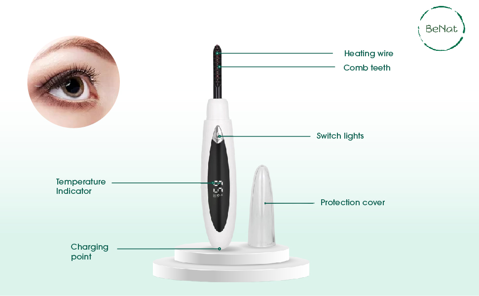Rechargeable Electric Eyelash Curler in white color, featuring a sleek design and a low groove comb for optimal lash curling.