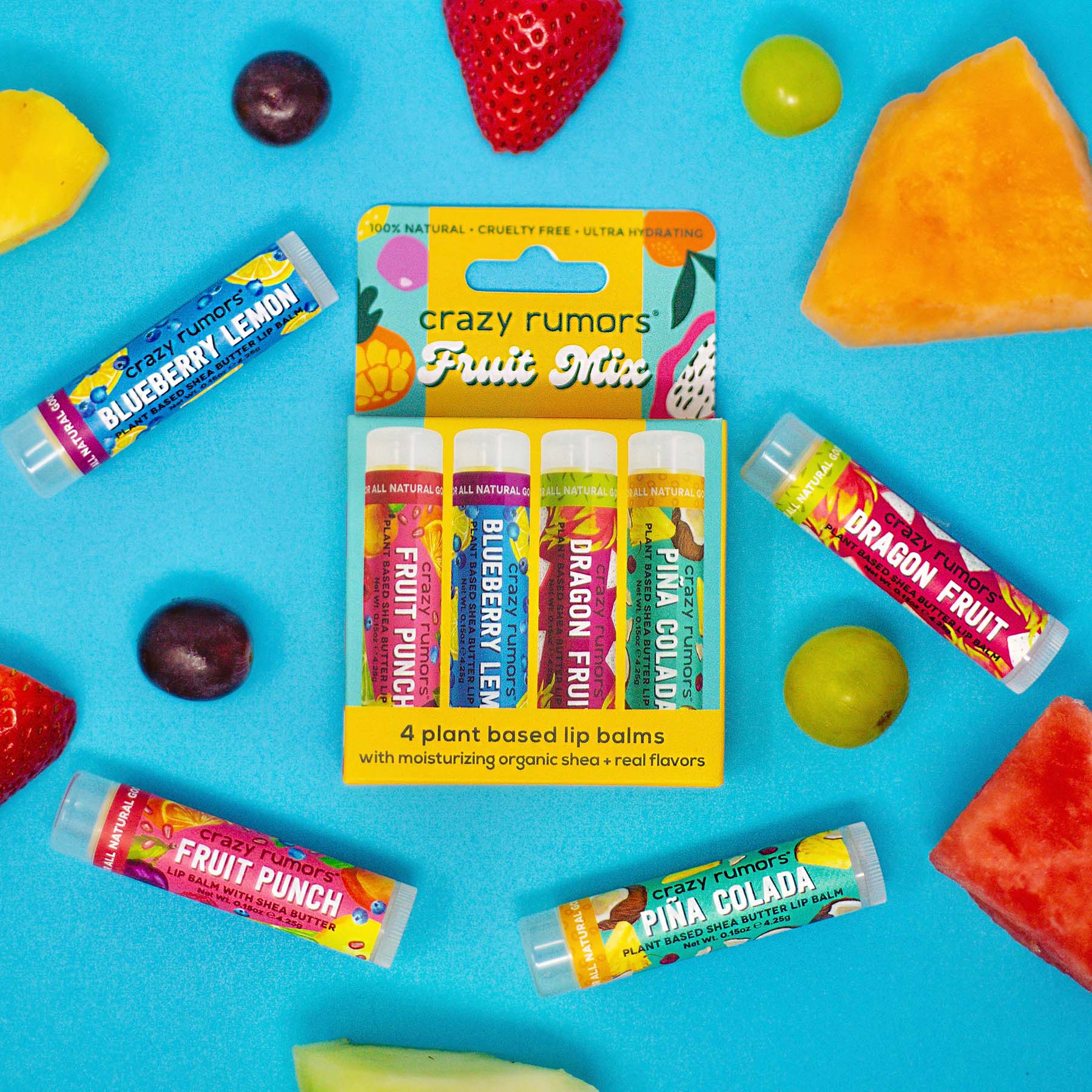 Fruit Mix - 4 Pack Gift Box featuring four colorful lip balm tubes with fruit flavors, beautifully packaged for gifting.