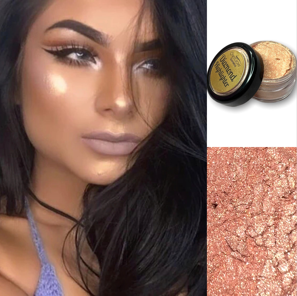 Golden Wings Loose Diamond Highlighter in frosty peachy gold shade, finely milled powder in a sleek container.
