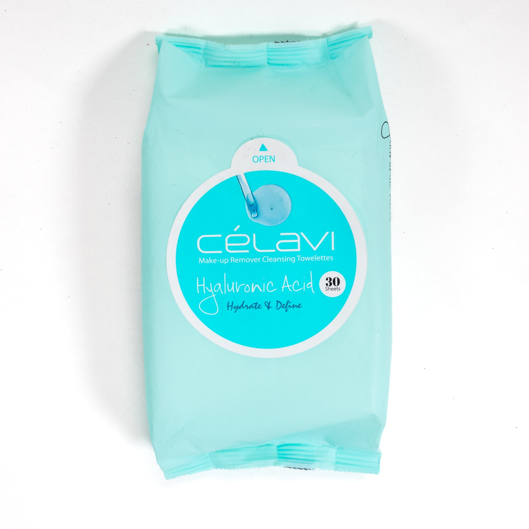 A pack of 30 Hyaluronic Acid Hydrating Cleansing Wipes designed for intense hydration and gentle cleansing.