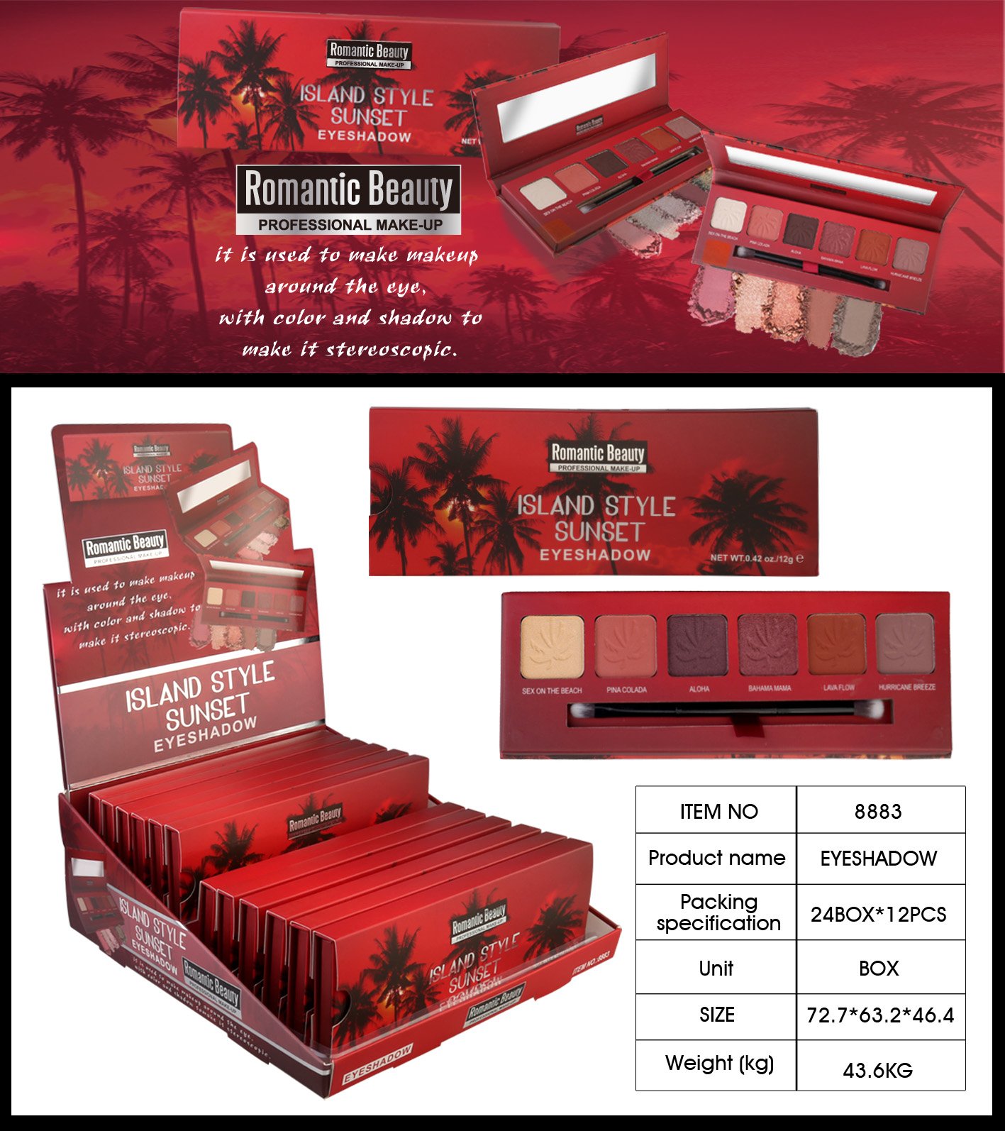 Island Sunset 6-Color Eyeshadow Palette featuring vibrant cool-toned shades and shimmering colors in elegant packaging with a mirror.