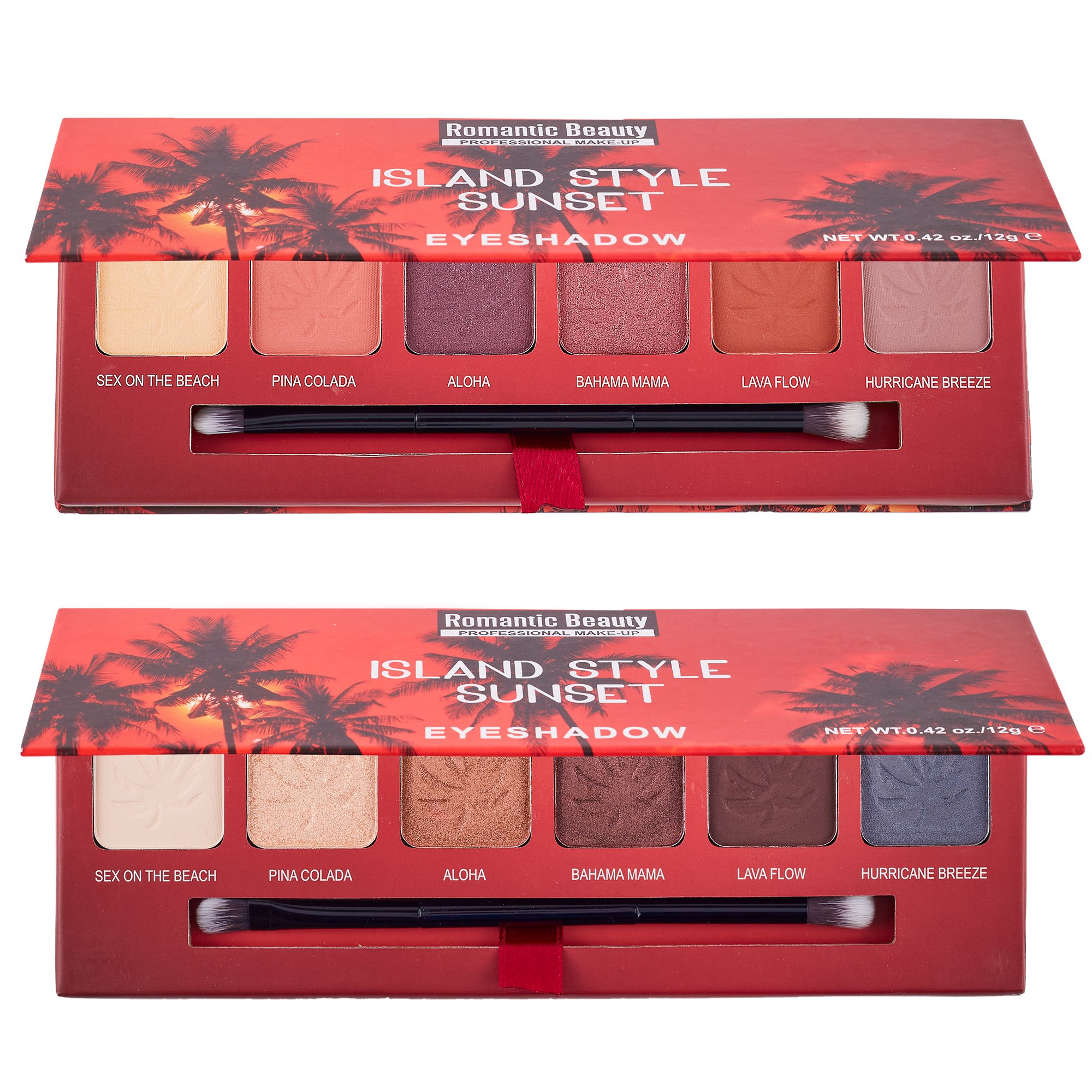 Island Sunset 6-Color Eyeshadow Palette featuring vibrant cool-toned shades and shimmering colors in elegant packaging with a mirror.