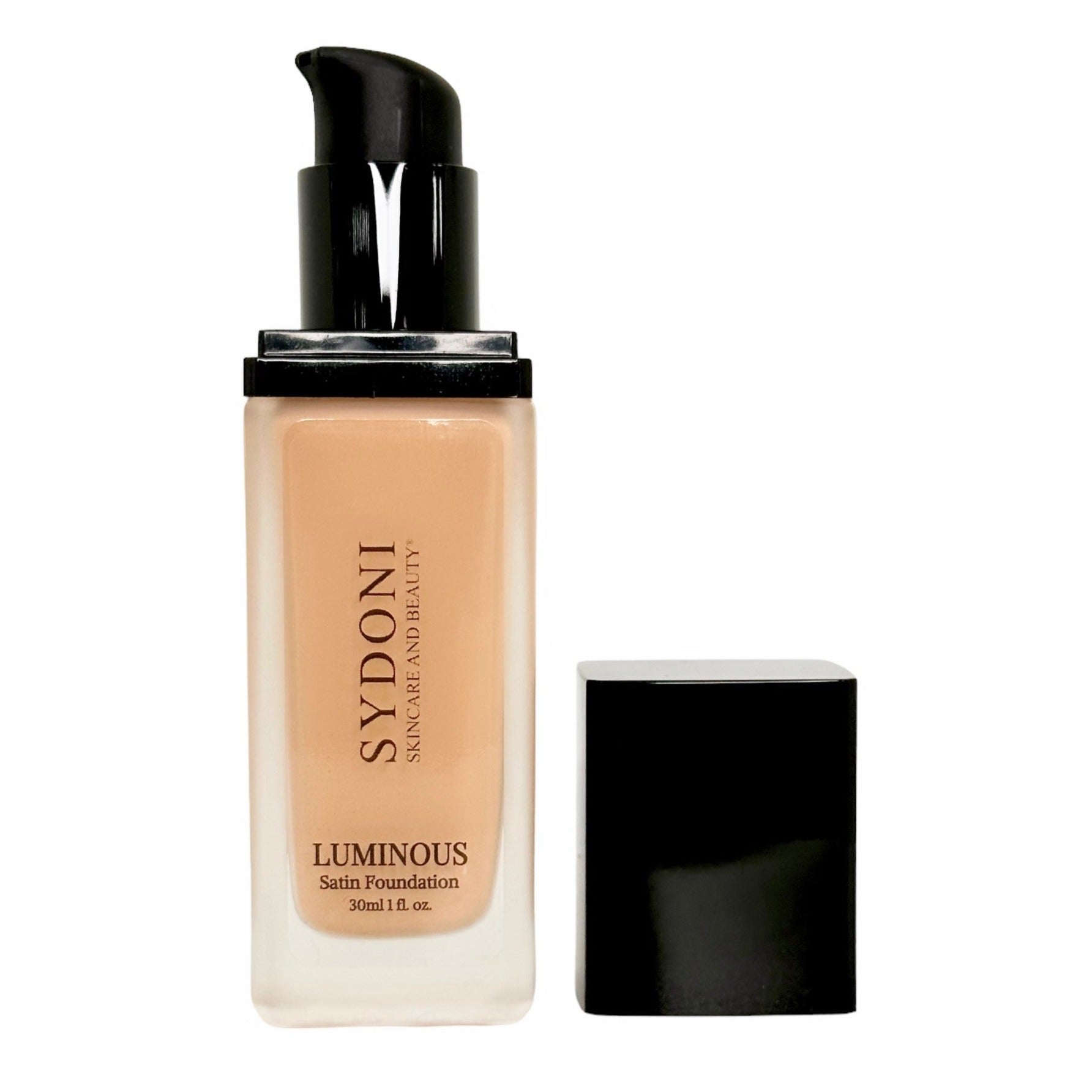 Luminous Satin Foundation in a sleek bottle, showcasing 16 shades for all skin types.