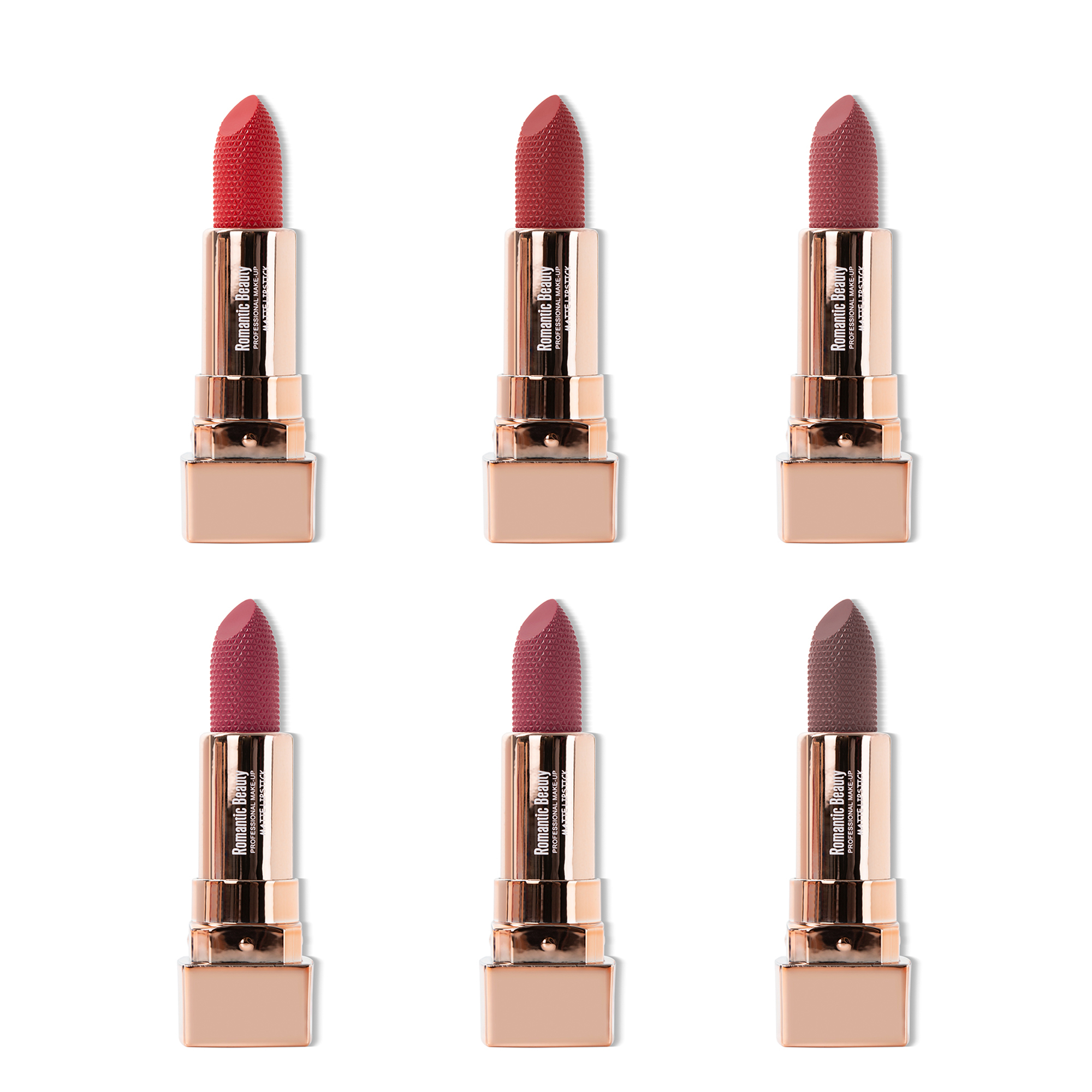 A set of six Luscious Matte Lipsticks in vibrant red shades, elegantly displayed in their sleek packaging.