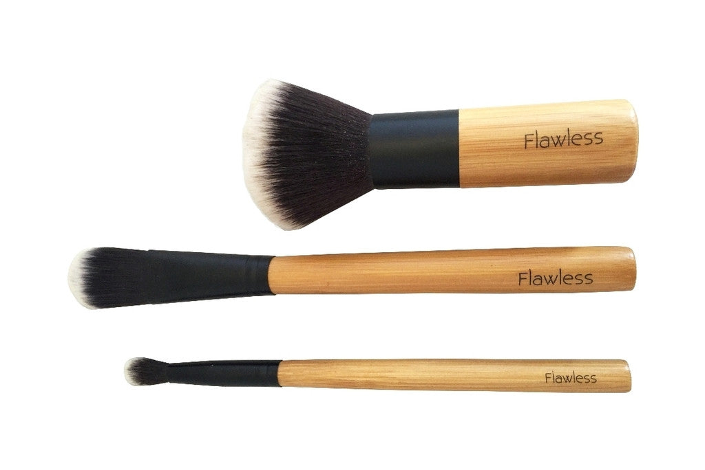 Elegance Makeup Brush Set featuring flat foundation, powder, and blending brushes with an organic cotton cosmetics bag.