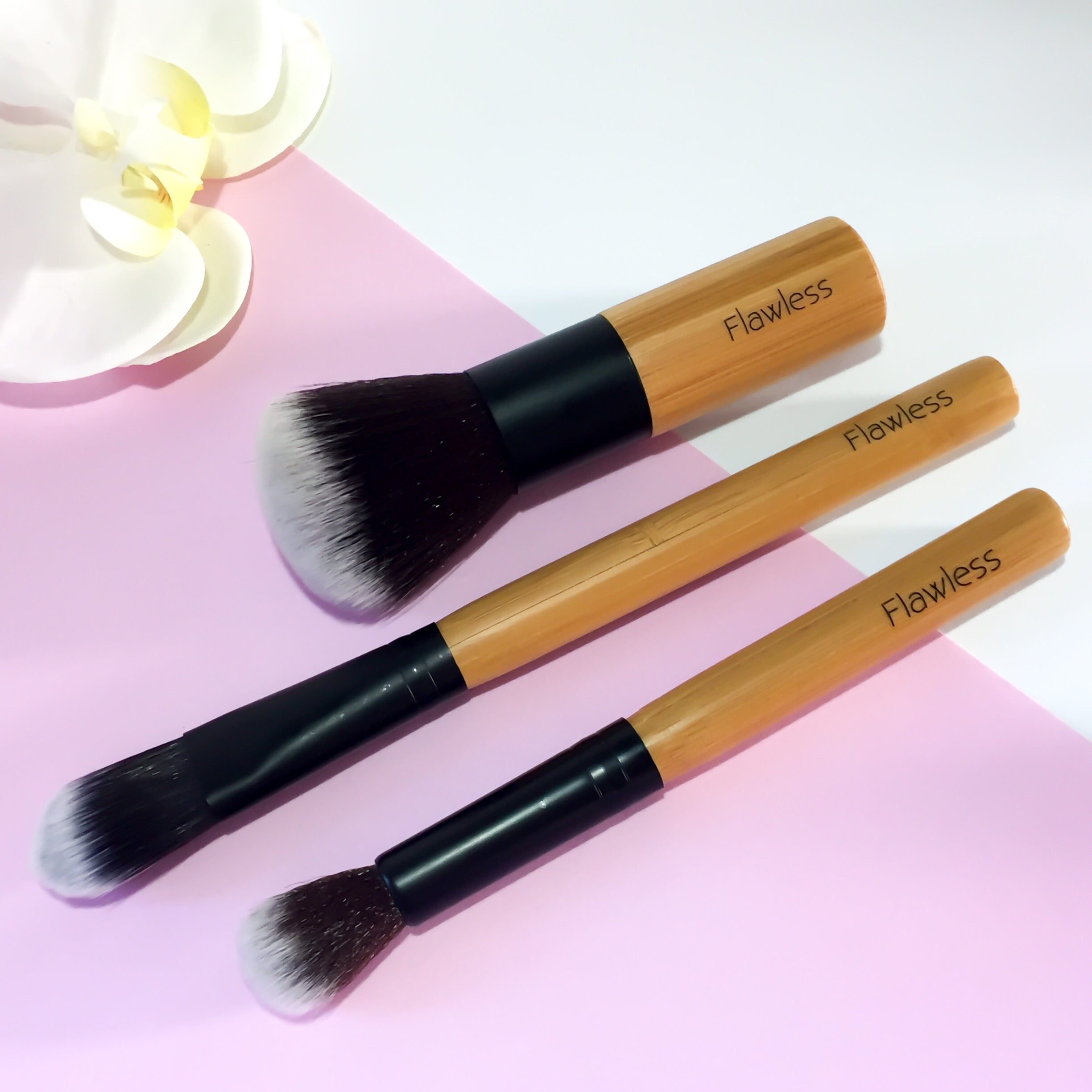 Makeup Brush Set Trio - Fresh featuring Flat Foundation, Powder/Blusher, and Highlighter brushes in an organic cotton bag.