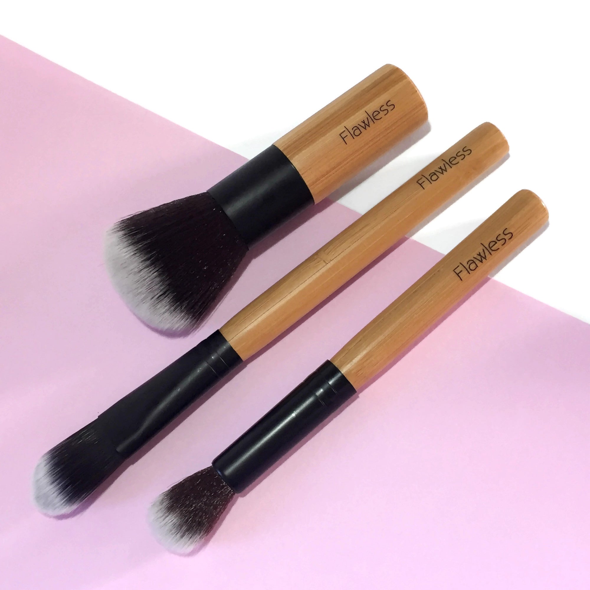 Makeup Brush Set Trio - Fresh featuring Flat Foundation, Powder/Blusher, and Highlighter brushes in an organic cotton bag.