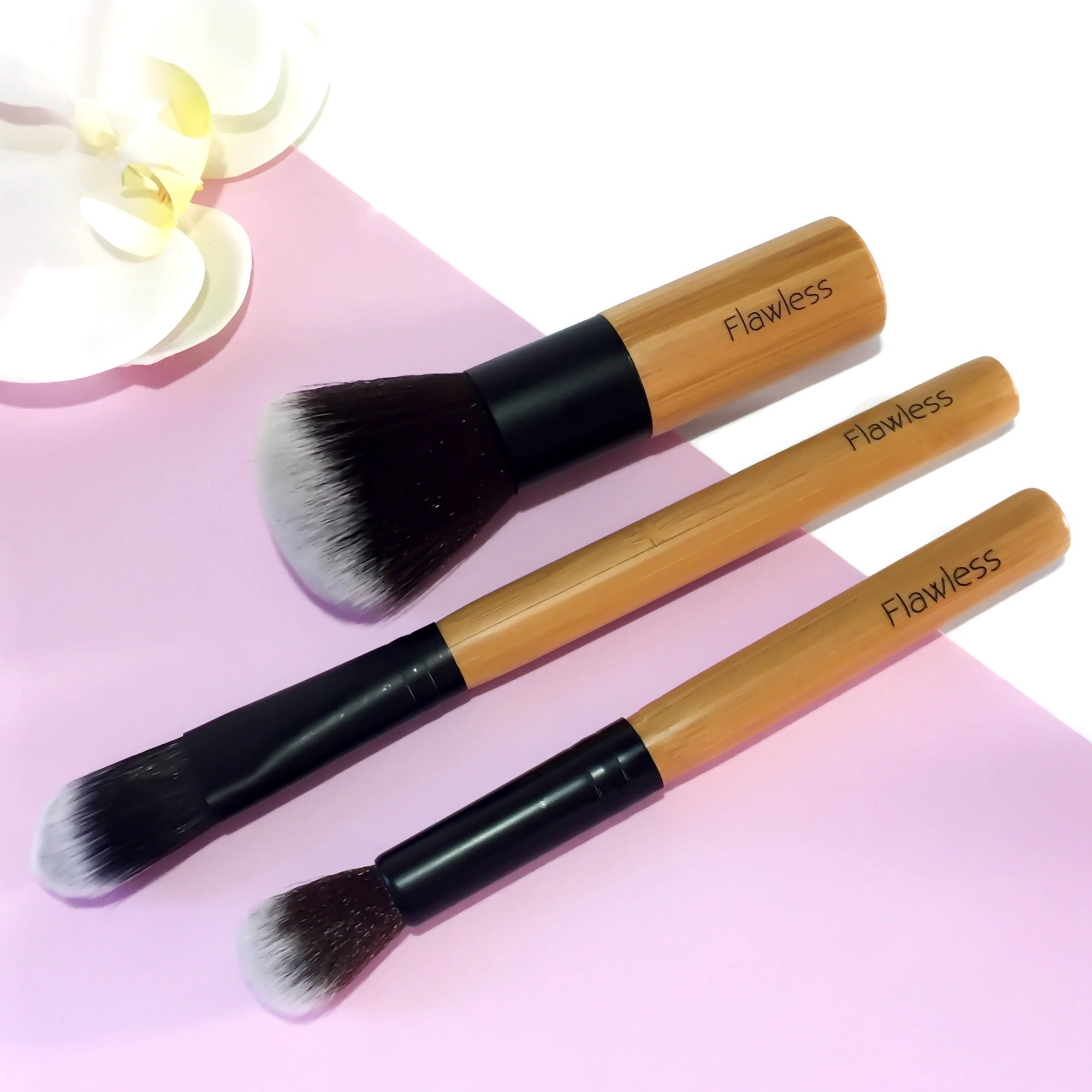 Makeup Brush Set Trio - Fresh featuring Flat Foundation, Powder/Blusher, and Highlighter brushes in an organic cotton bag.