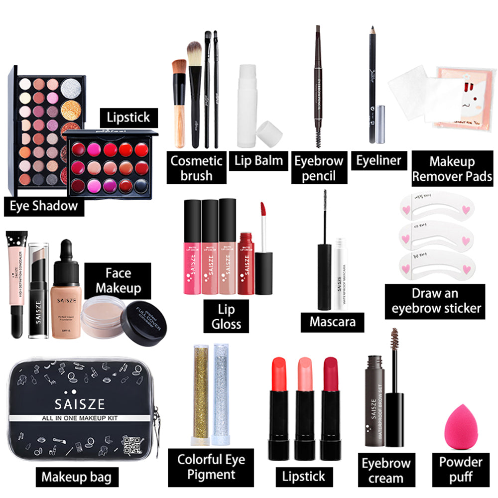 A complete 27-piece makeup set for women, featuring various tools and products including eyeshadow, lipsticks, and brushes, all in a stylish cosmetic bag.