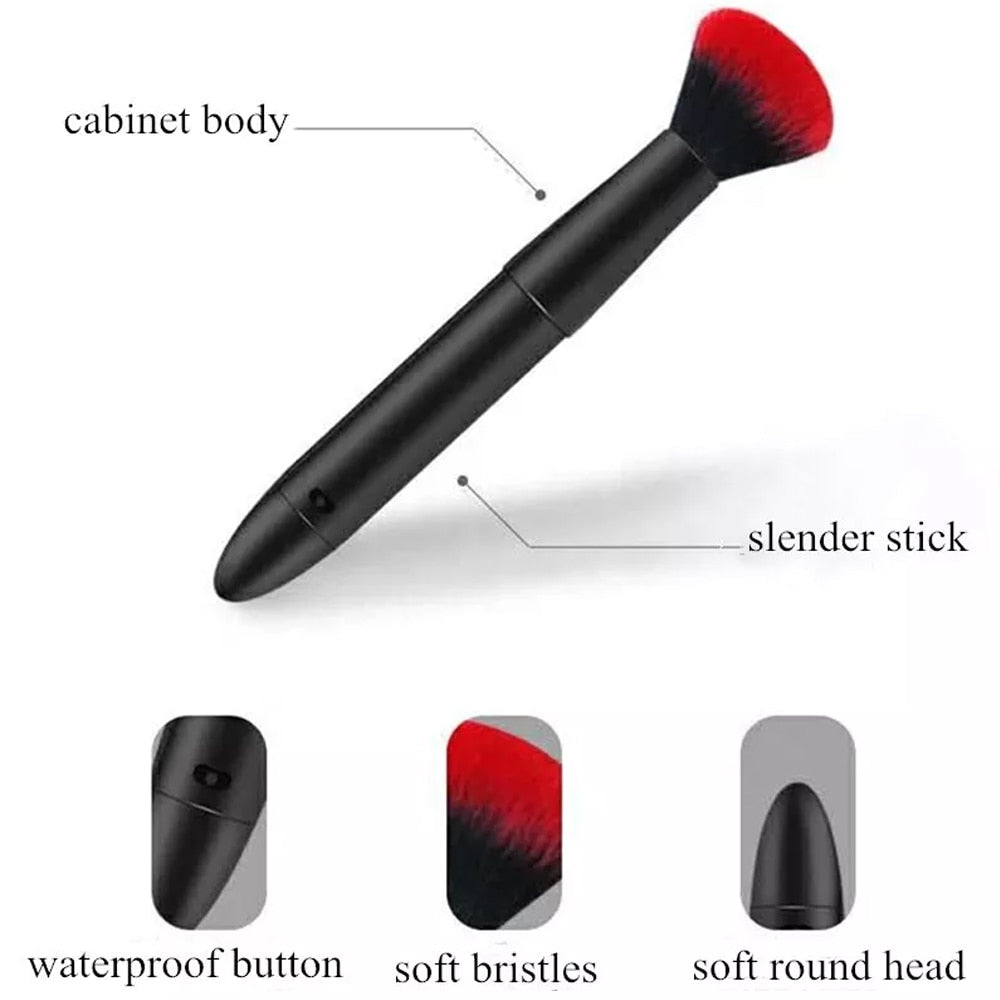 New Vibration Cosmetics Makeup Blending Brush with 10 vibration modes, featuring a sleek design and high-quality rayon bristles for flawless makeup application.