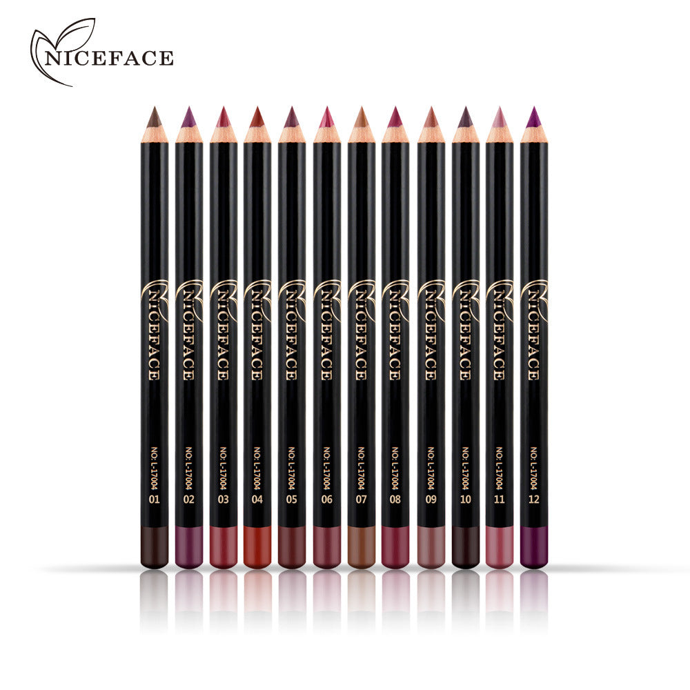 NICEFACE Nude Color Modified Lip Liner set showcasing 12 waterproof shades in elegant packaging.