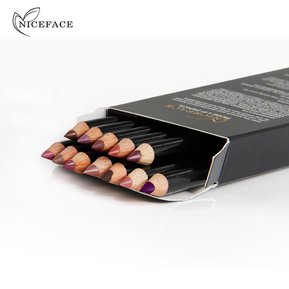 NICEFACE Nude Color Modified Lip Liner set showcasing 12 waterproof shades in elegant packaging.