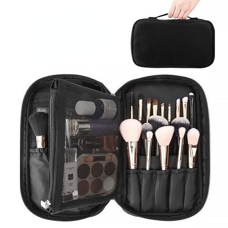 Professional Cosmetic Bag in black with multiple pockets and compartments for makeup brushes and essentials, featuring a zipper opening and carry handle.