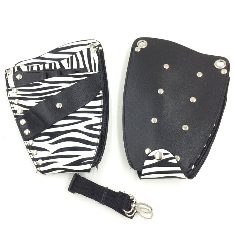 PU Leather Rivet Hair Scissor Bag in black and white, featuring a detachable belt and rivet detailing, ideal for hairdressers and barbers.