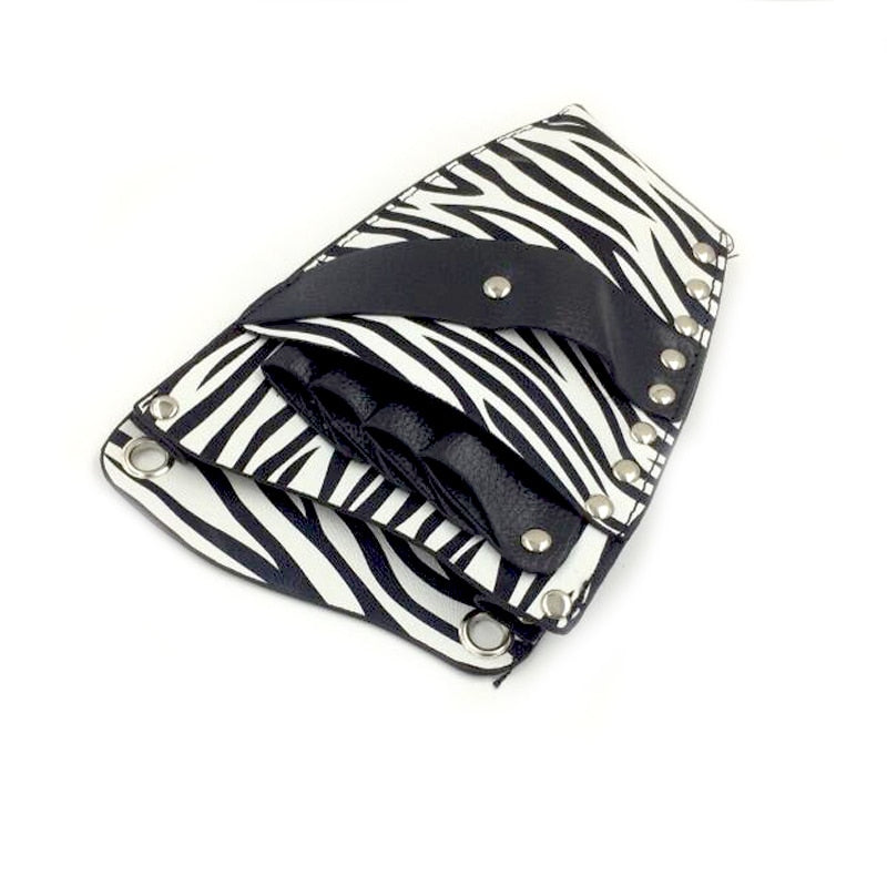 PU Leather Rivet Hair Scissor Bag in black and white, featuring a detachable belt and rivet detailing, ideal for hairdressers and barbers.