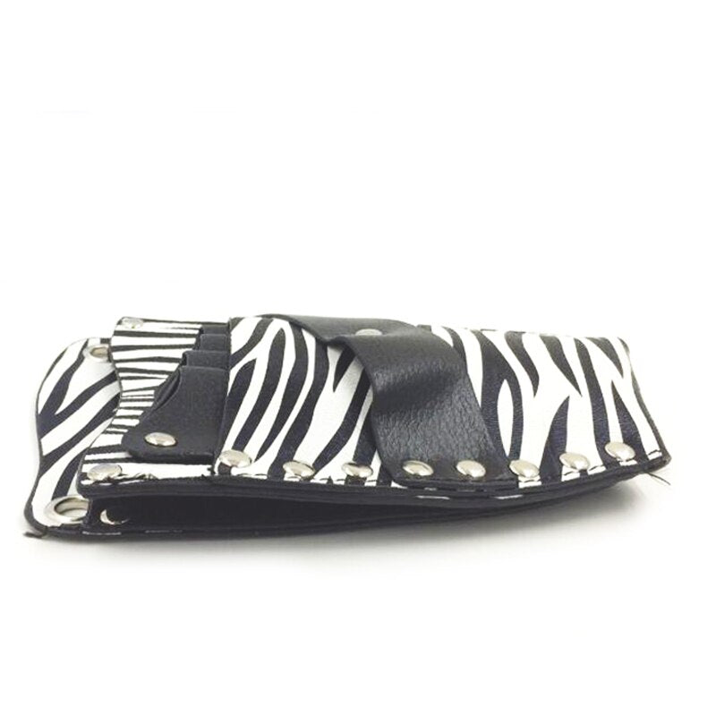 PU Leather Rivet Hair Scissor Bag in black and white, featuring a detachable belt and rivet detailing, ideal for hairdressers and barbers.