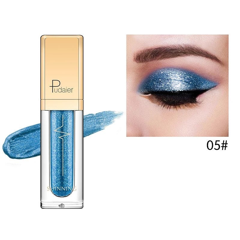 Pudaier Glitter & Glow Liquid Eyeshadow in vibrant blue shade with shimmering effect.