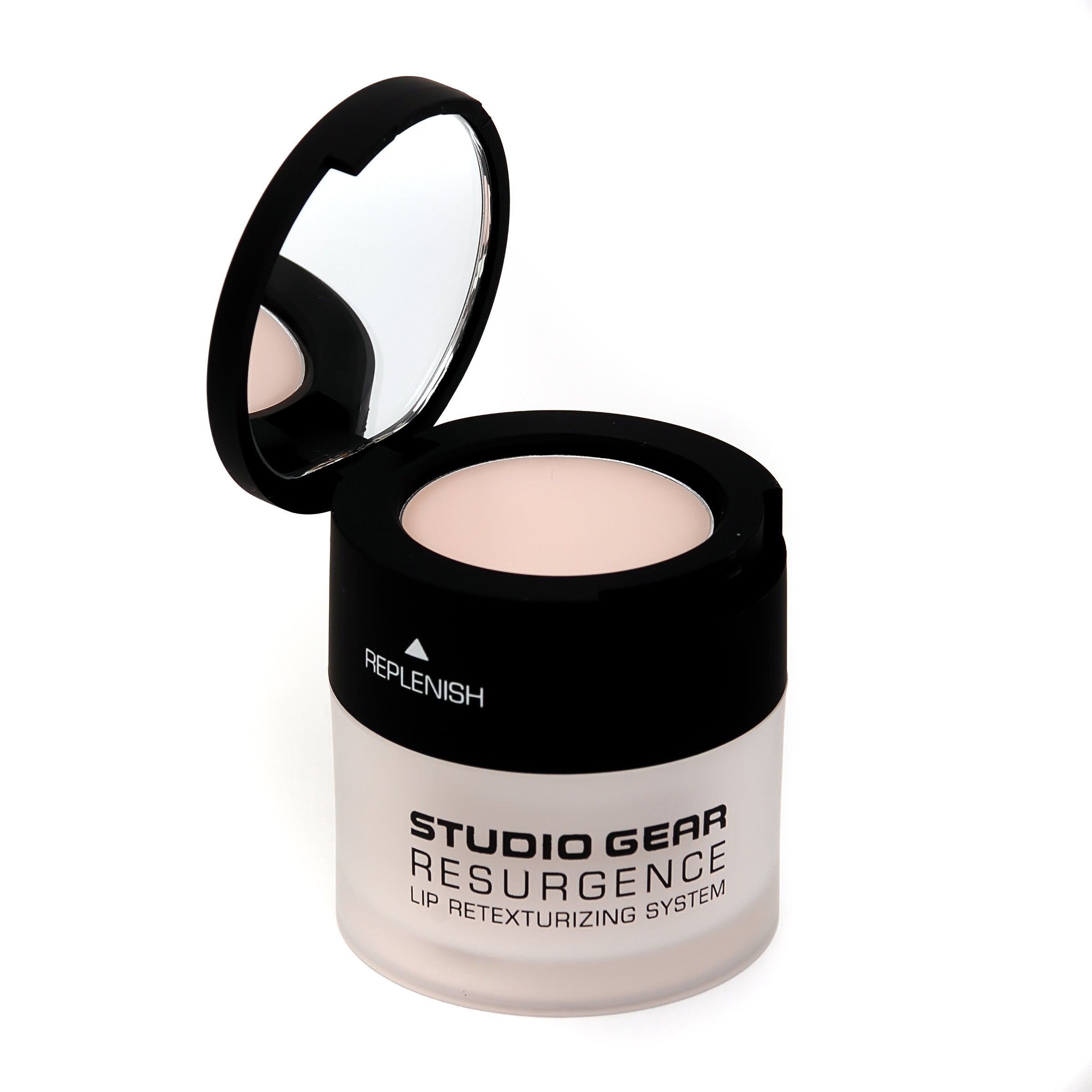 Studio Gear Cosmetics RESURGENCE LIP RETEXTURIZING SYSTEM packaging featuring exfoliator and lip balm for smooth, hydrated lips.