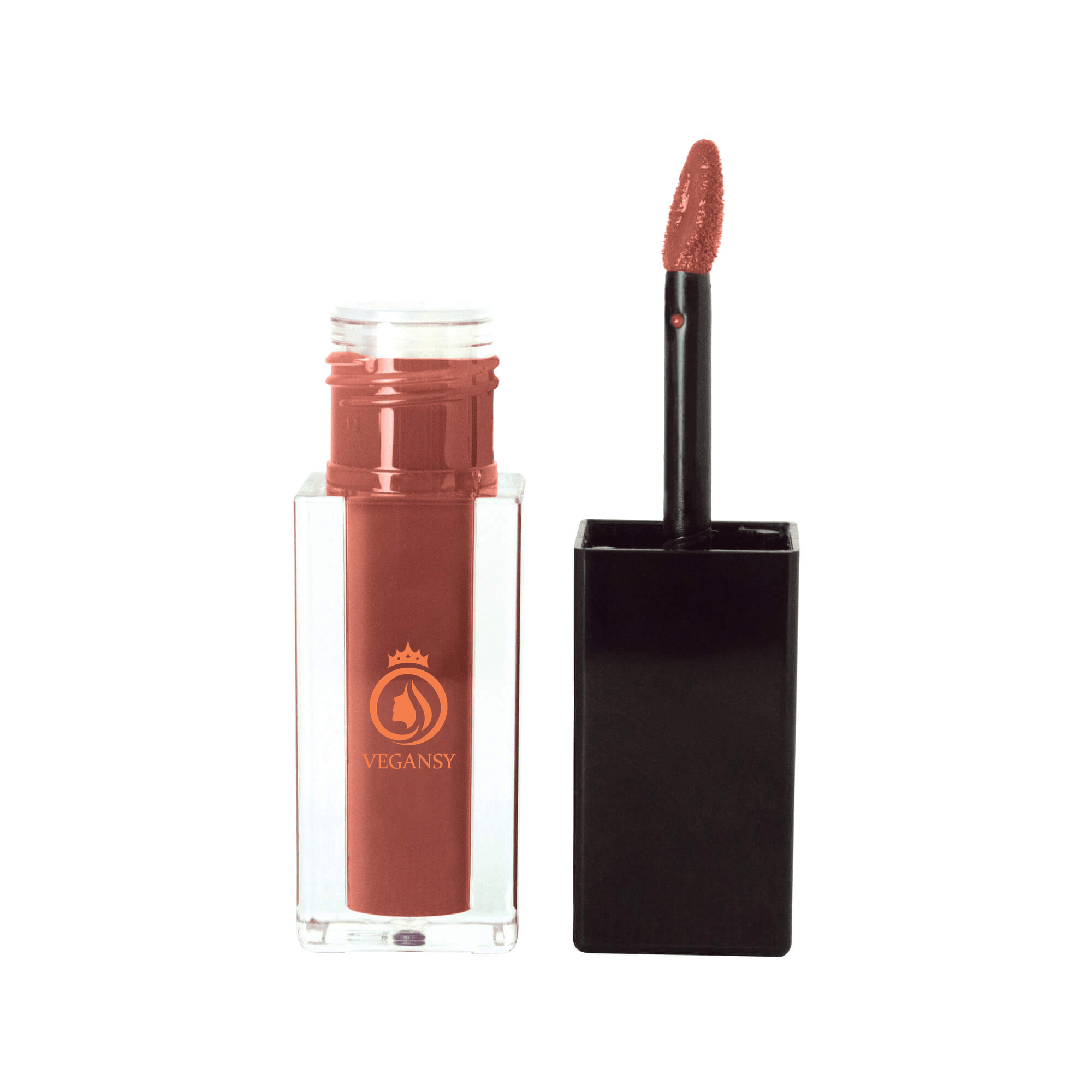 Taupe matte lip stain in a sleek tube with a doe-shaped applicator, showcasing its rich color and velvety texture.