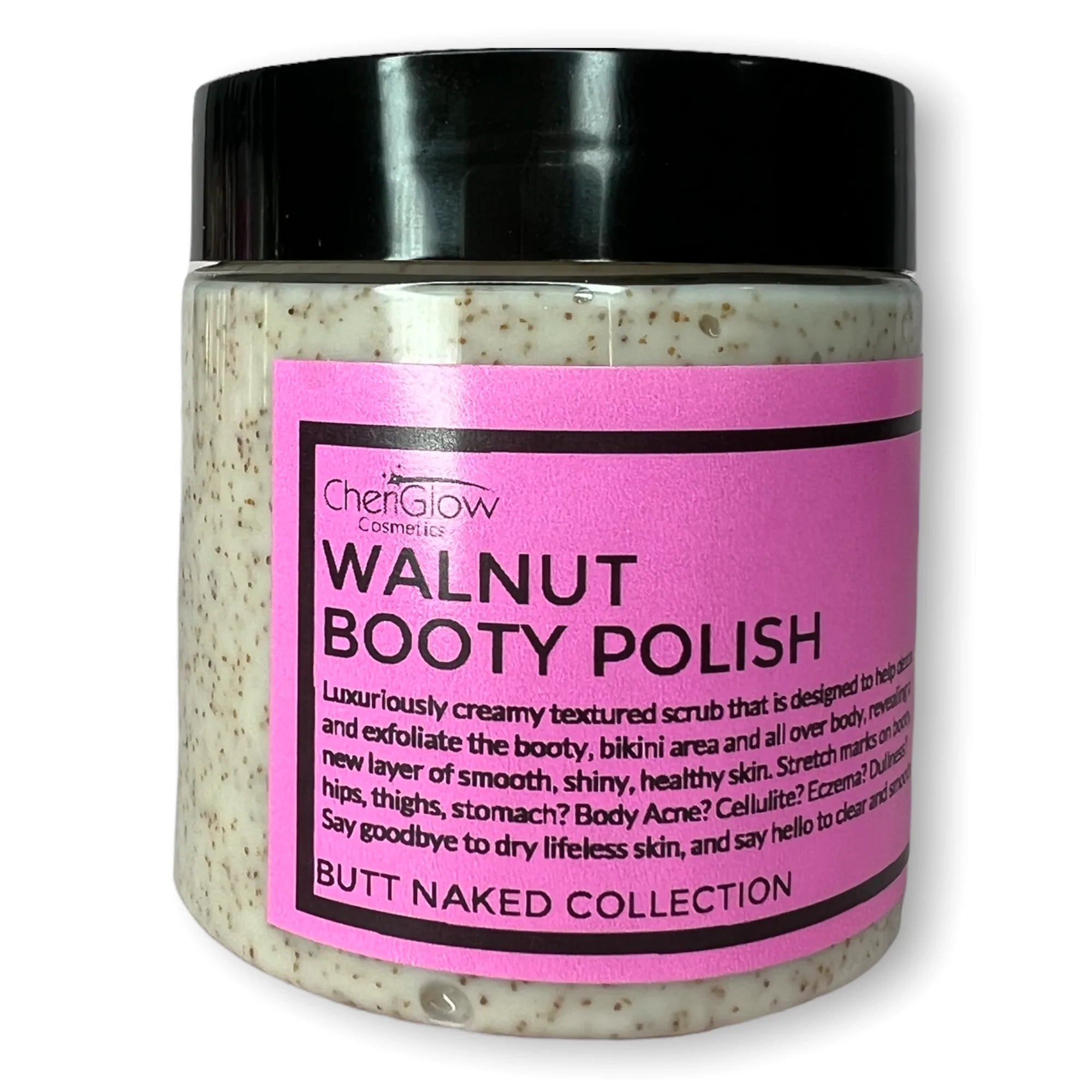 A jar of Walnut Body Scrub with creamy texture, showcasing its natural ingredients and luxurious appeal.