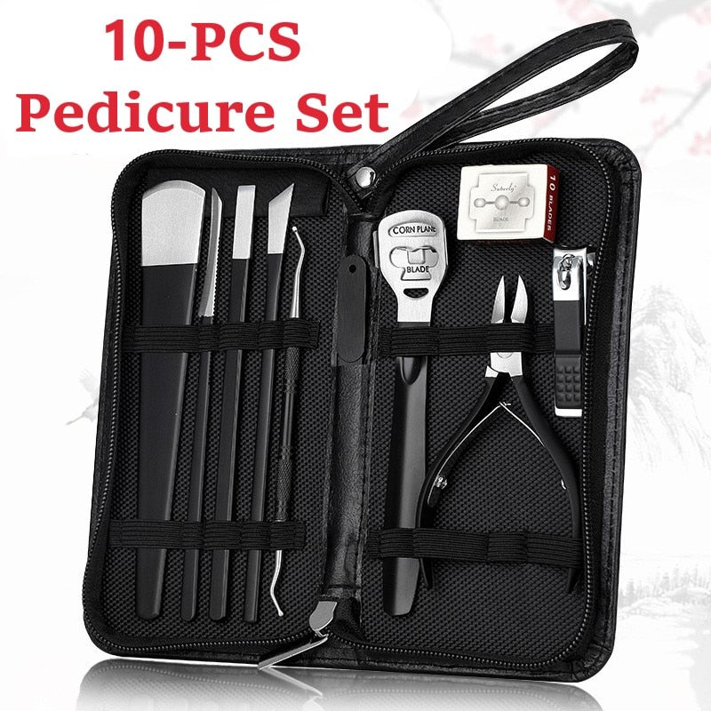 10 Pcs Professional Nail Cutter Pedicure Scissors Set displayed in a stylish leather zipper bag, showcasing various stainless steel tools for nail care.