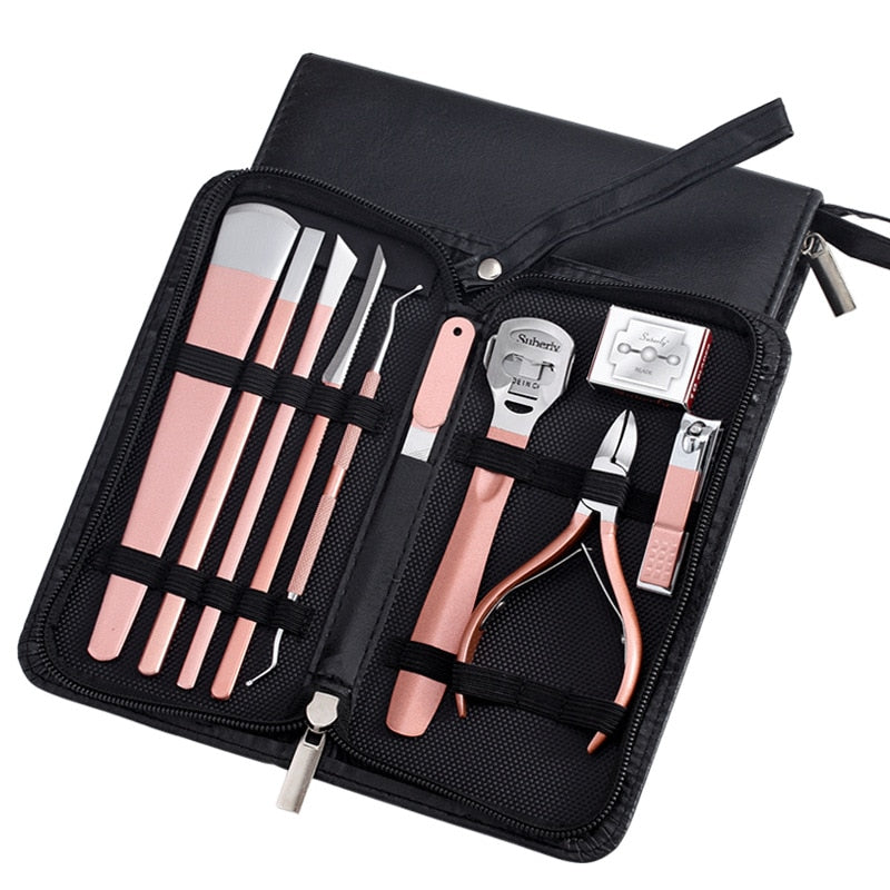 10 Pcs Professional Nail Cutter Pedicure Scissors Set displayed in a stylish leather zipper bag, showcasing various stainless steel tools for nail care.