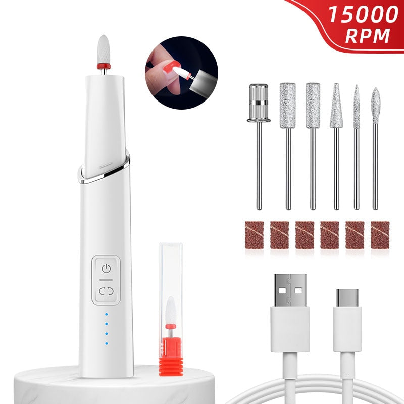 15000RPM Electric Nail Drill Mill with drill bits for manicure and pedicure, showcasing its sleek design and portable features.