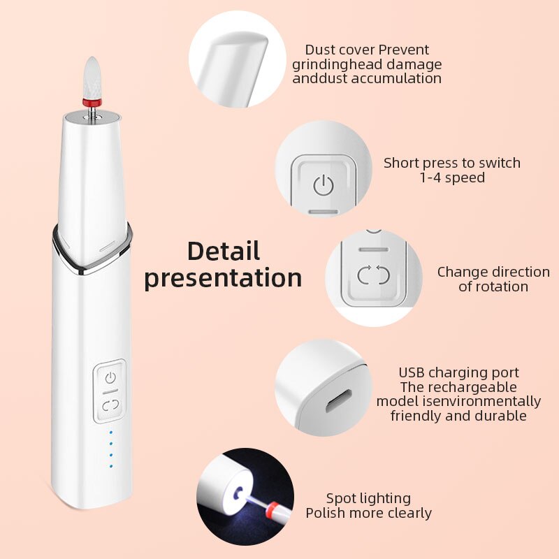 15000RPM Electric Nail Drill Mill with drill bits for manicure and pedicure, showcasing its sleek design and portable features.