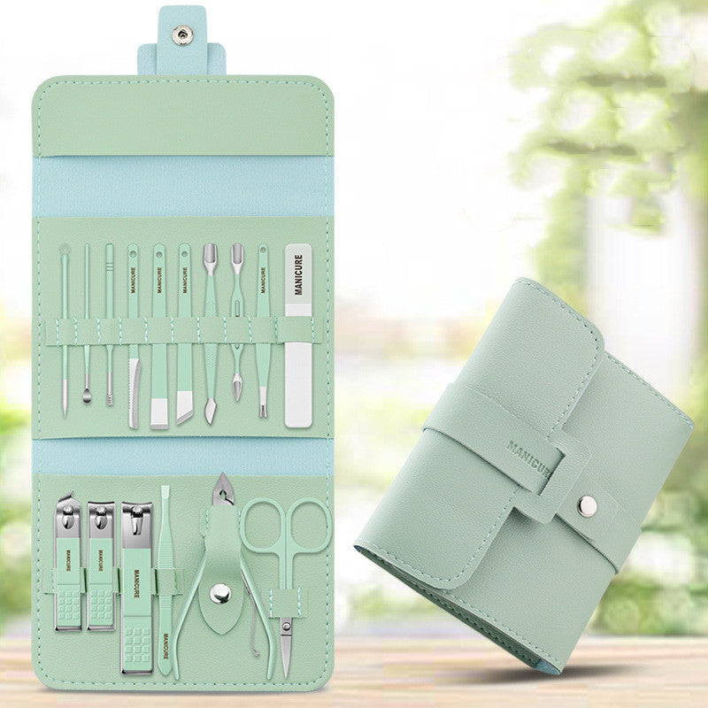 16 Pcs Nail Clippers Set in a stylish PU leather case, showcasing various grooming tools including nail clippers and scissors.