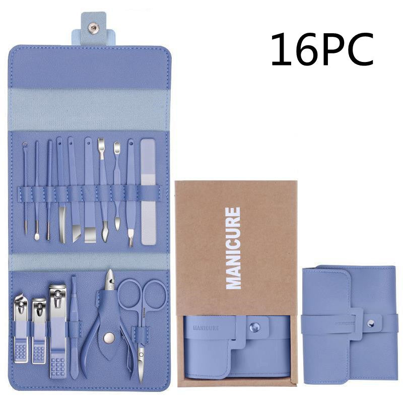 16 Pcs Nail Clippers Set in a stylish PU leather case, showcasing various grooming tools including nail clippers and scissors.