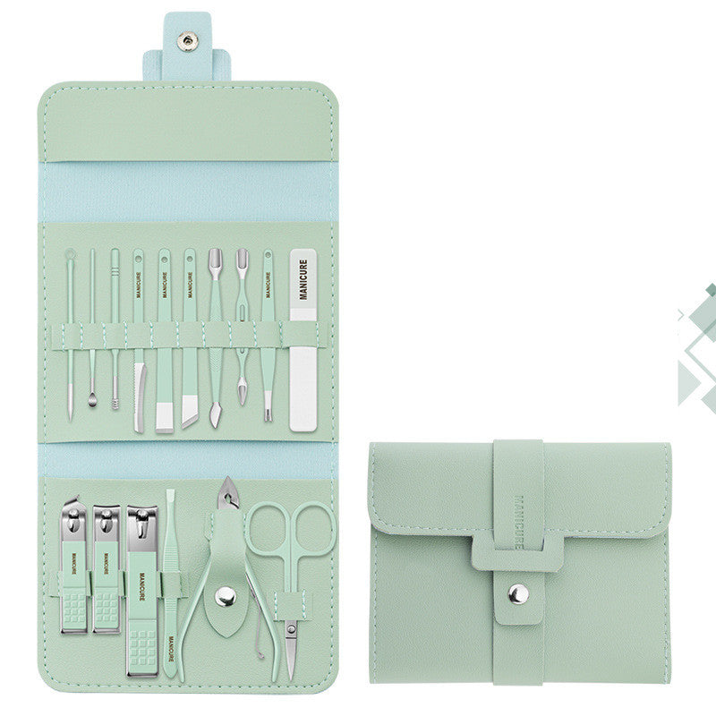 16 Pcs Nail Clippers Set in a stylish PU leather case, showcasing various grooming tools including nail clippers and scissors.