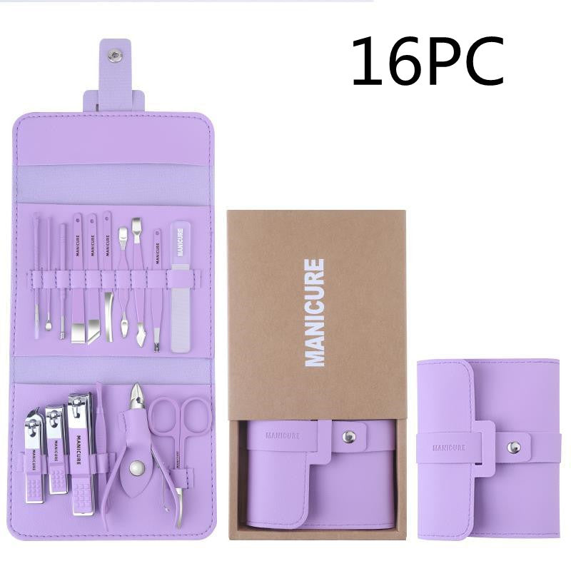 16 Pcs Nail Clippers Set in a stylish PU leather case, showcasing various grooming tools including nail clippers and scissors.