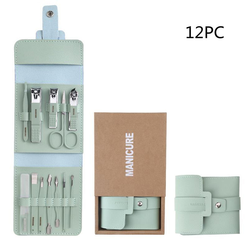 16 Pcs Nail Clippers Set in a stylish PU leather case, showcasing various grooming tools including nail clippers and scissors.