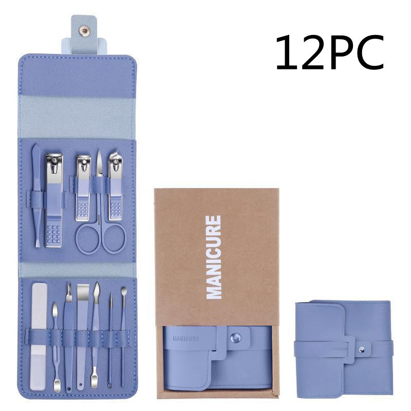 16 Pcs Nail Clippers Set in a stylish PU leather case, showcasing various grooming tools including nail clippers and scissors.