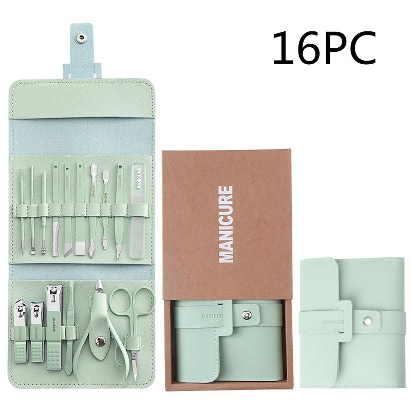 16 Pcs Nail Clippers Set in a stylish PU leather case, showcasing various grooming tools including nail clippers and scissors.