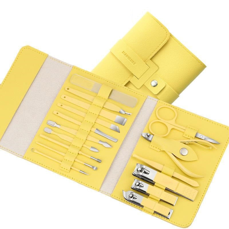 16 Pcs Nail Clippers Set in a stylish PU leather case, showcasing various grooming tools including nail clippers and scissors.