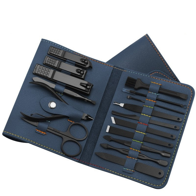 16 Pcs Nail Clippers Set in a stylish PU leather case, showcasing various grooming tools including nail clippers and scissors.