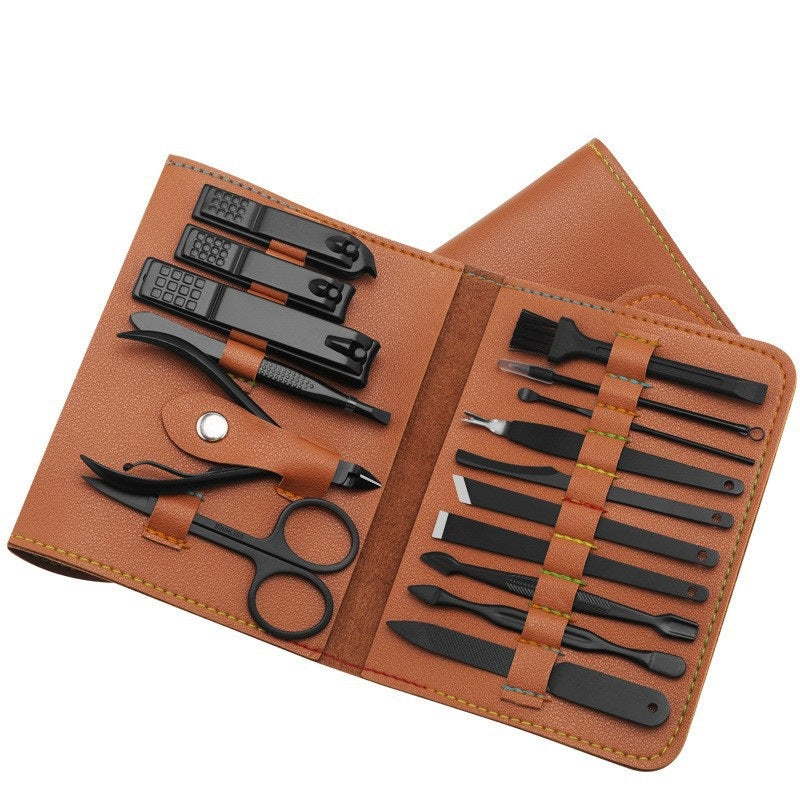16 Pcs Nail Clippers Set in a stylish PU leather case, showcasing various grooming tools including nail clippers and scissors.