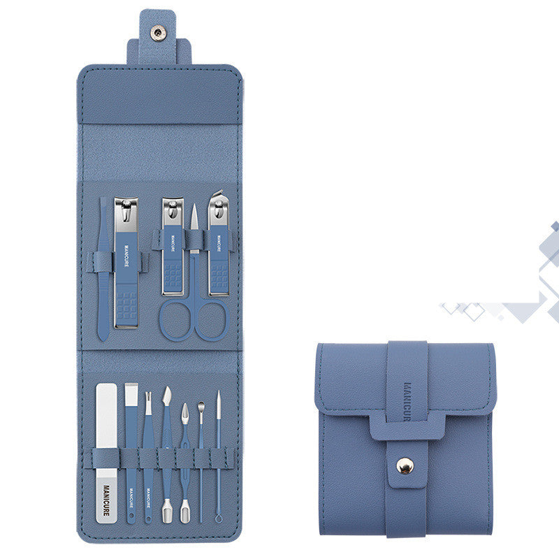 16 Pcs Nail Clippers Set in a stylish PU leather case, showcasing various grooming tools including nail clippers and scissors.